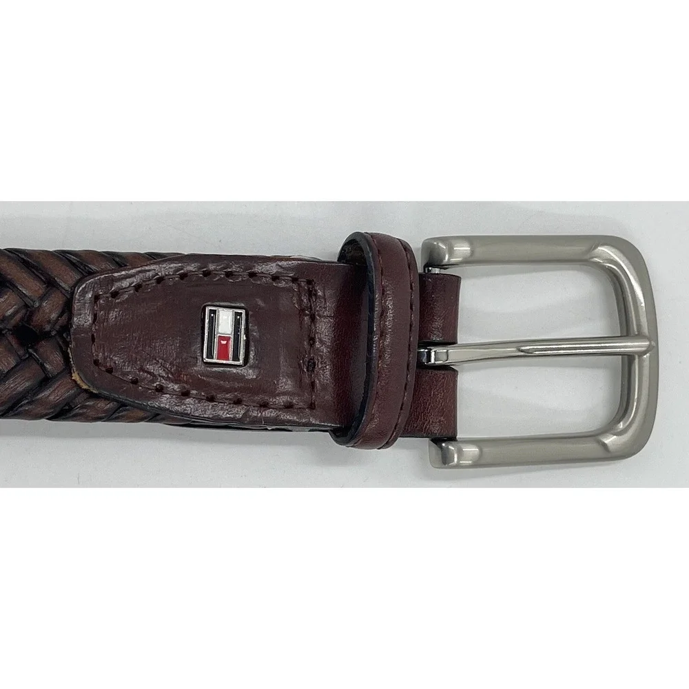 Tommy Hilfiger Braided Belt‎ Brown Leather Brushed Nickel Buckle Men's Size 42